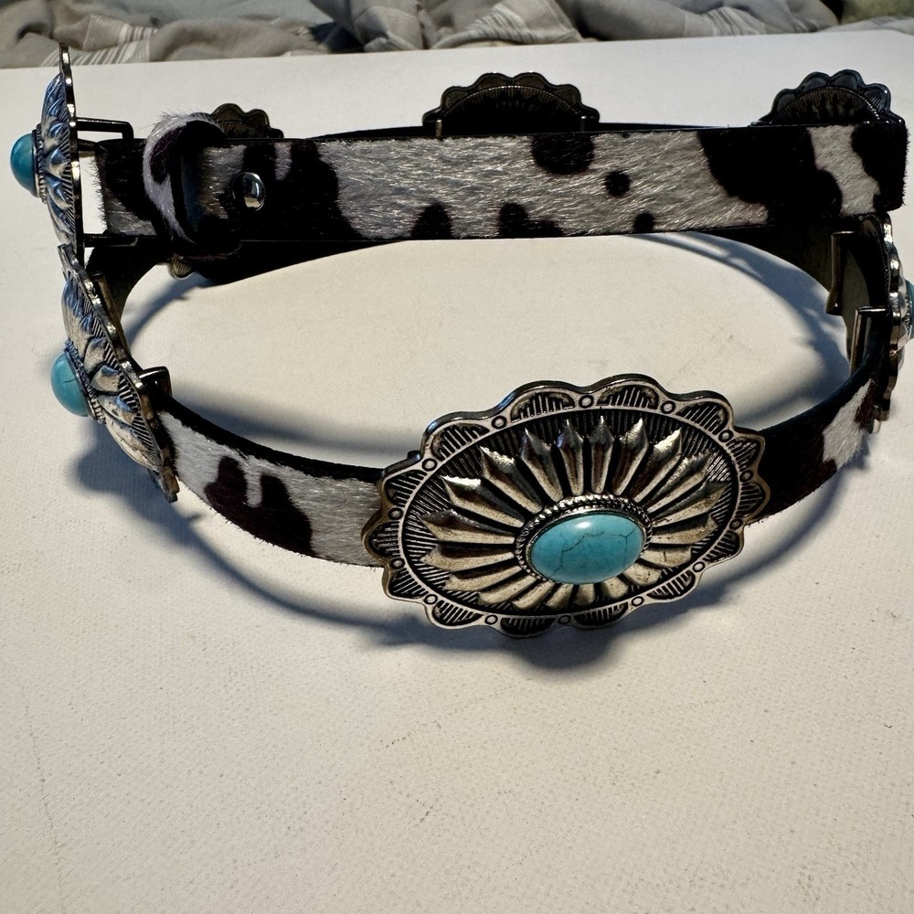Haute Hippie Cow Print Silver and Turquoise Chain‎ Concho Belt NWT  One Size